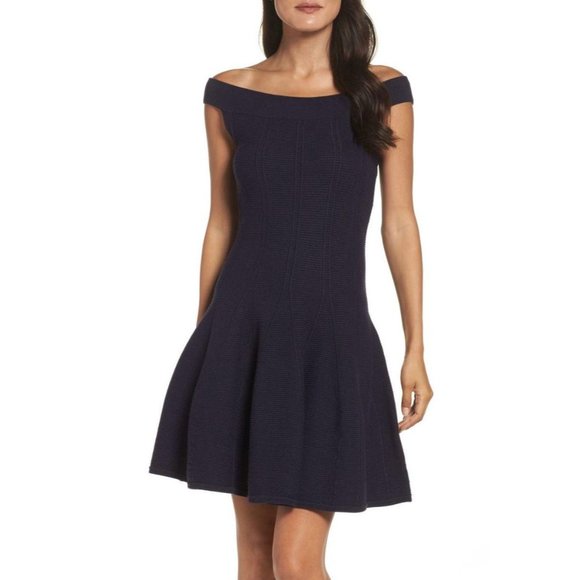 Eliza J Dresses & Skirts - Eliza J Fit & Flare Off Shoulder Knit Dress Navy